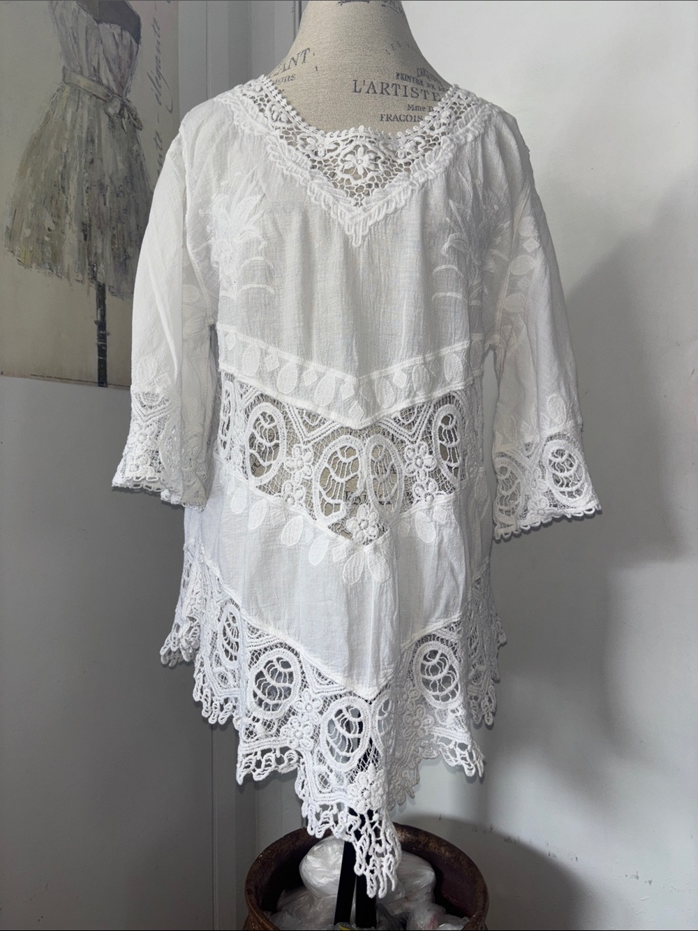 White Lace Crochet Boho Tunic Top Size XL
